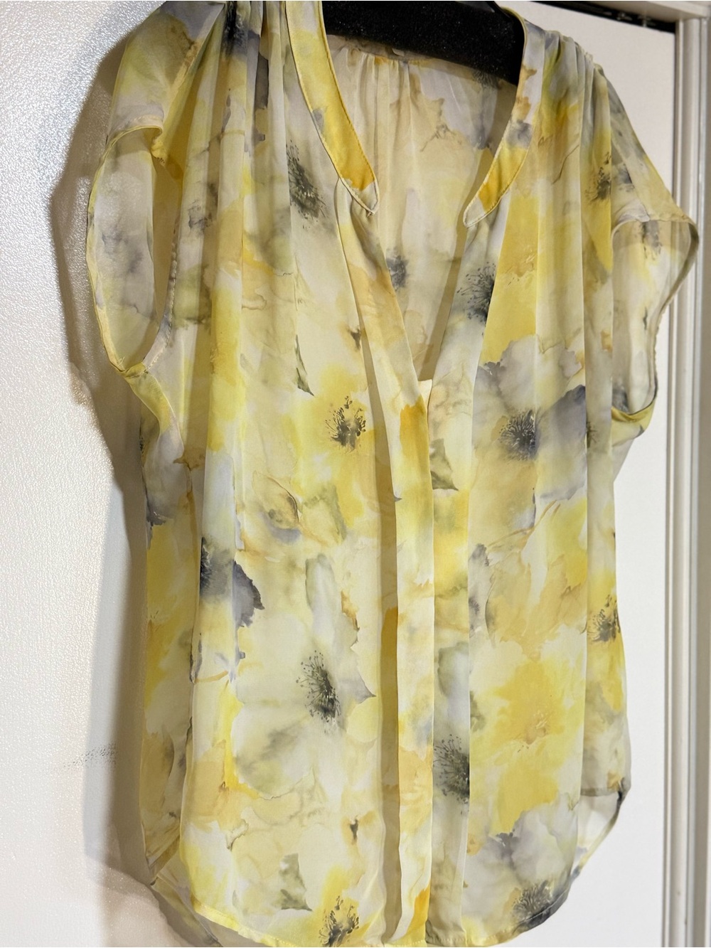 Floral Sheer Flowy Blouse | V-Neck | Yellow Watercolor Summer Top | Medium - Picture 5 of 14